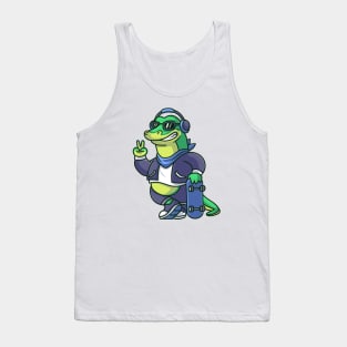 Cute Cool Crocodile With Skateboard And Wearing  Headphone Cartoon Tank Top